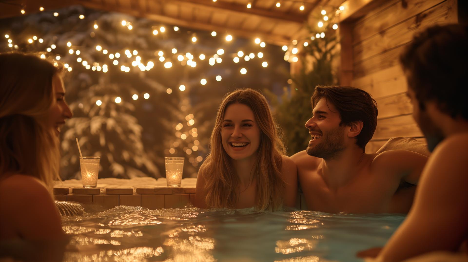 multiple couples laughing in a hot tub with light hanging in the background