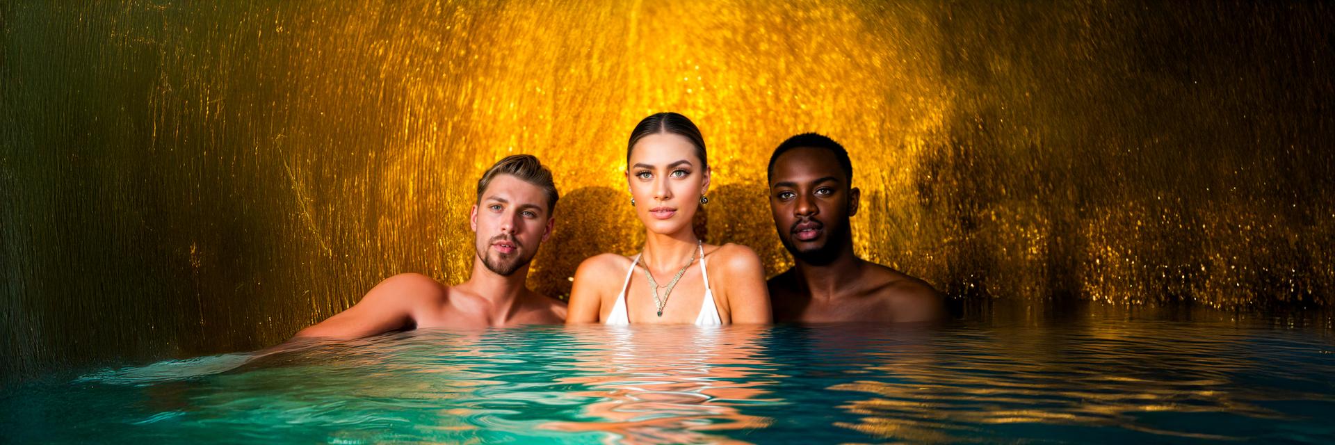 a woman and two men next to each other in a pool 