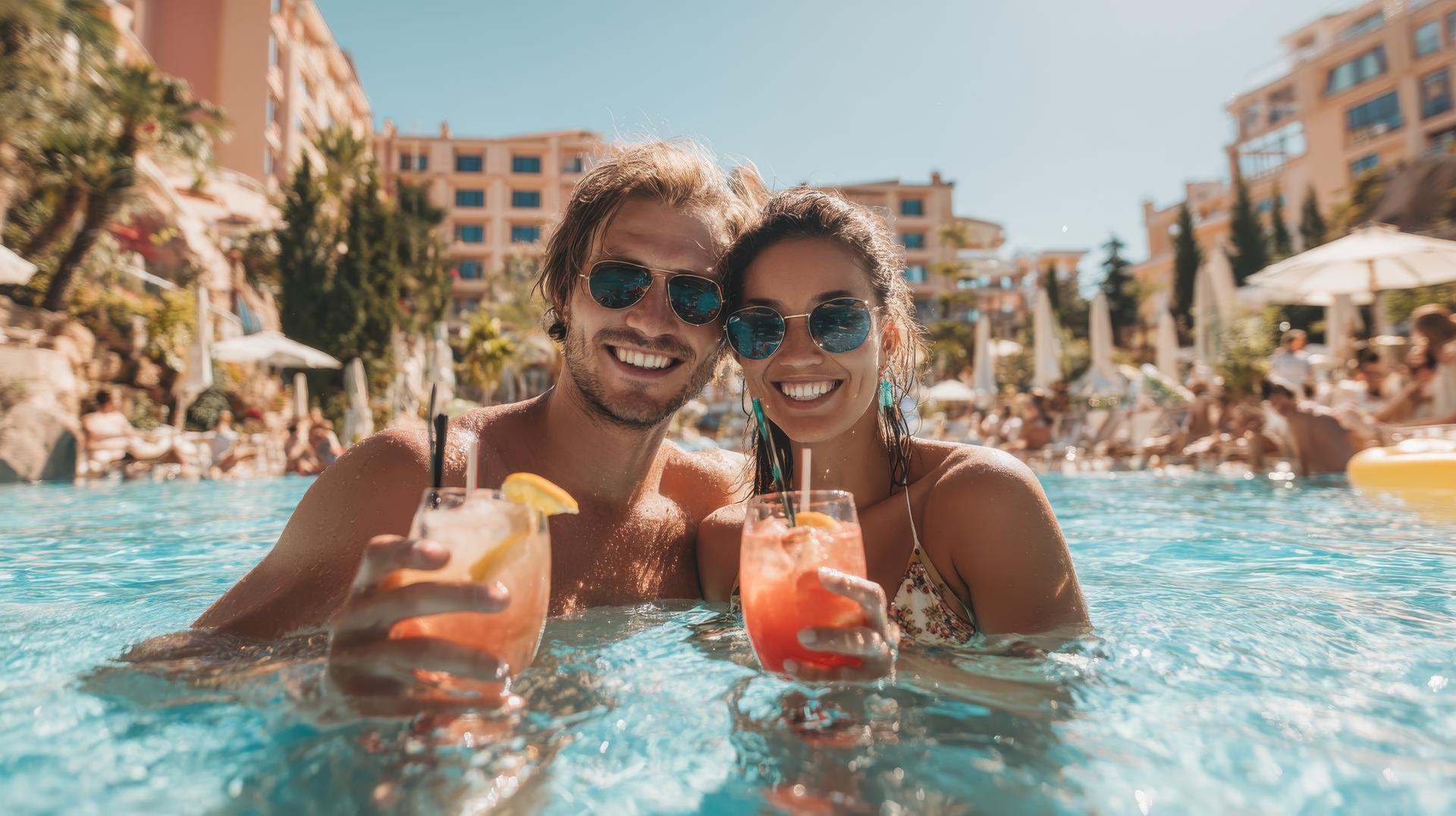 a man and woman wearing sunglasses in a resort's pool smiling and holding drinks