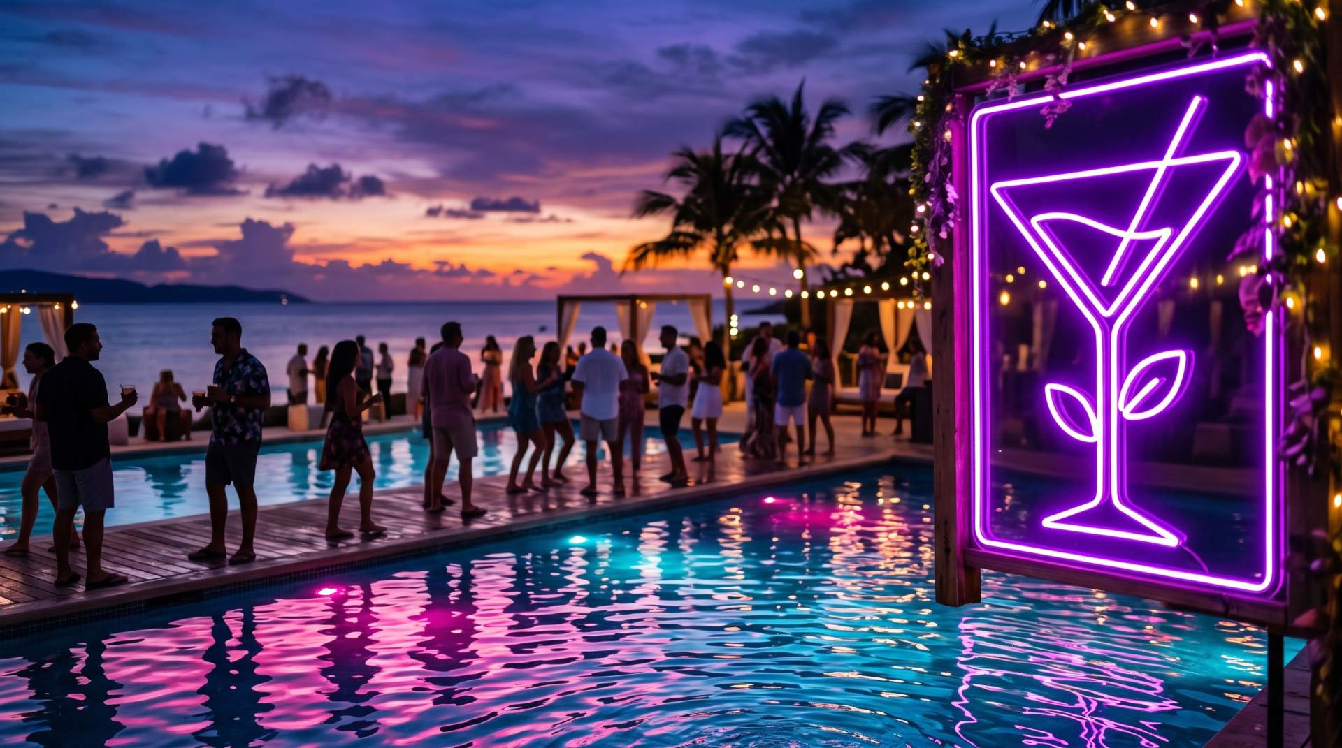 a group of people standing around pools at an outdoor hotel party with a neon sign of a cocktail in 