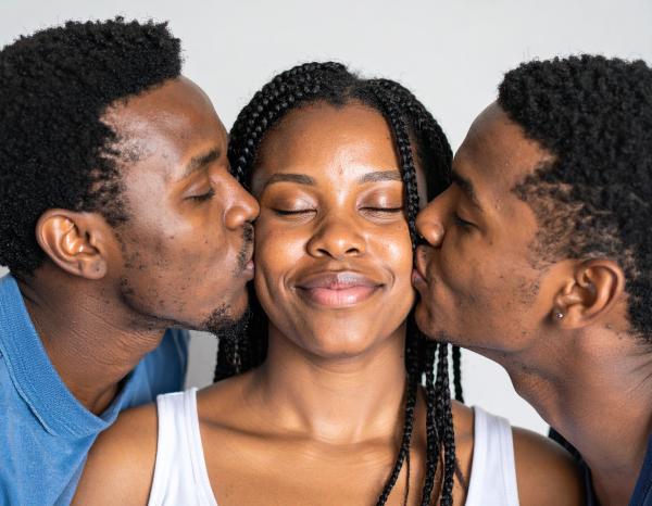 Smiling Black woman with eyes closed being kissed by two Black men Smiling Black woman with eyes closed being kissed by two Black men
