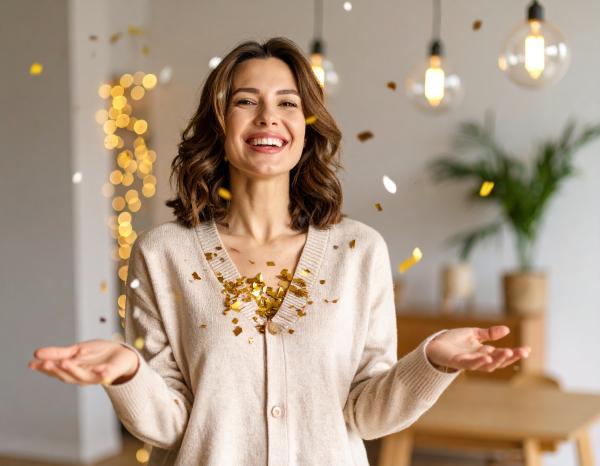 happy woman indoors in a cardigan with gold confetti falling onto her chest happy woman indoors in a cardigan with gold confetti falling onto her chest