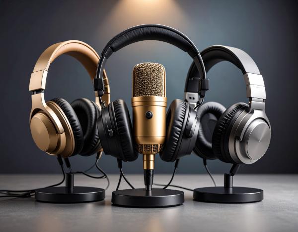 three sets of headphones around a microphone in a podcast studio three sets of headphones around a microphone in a podcast studio