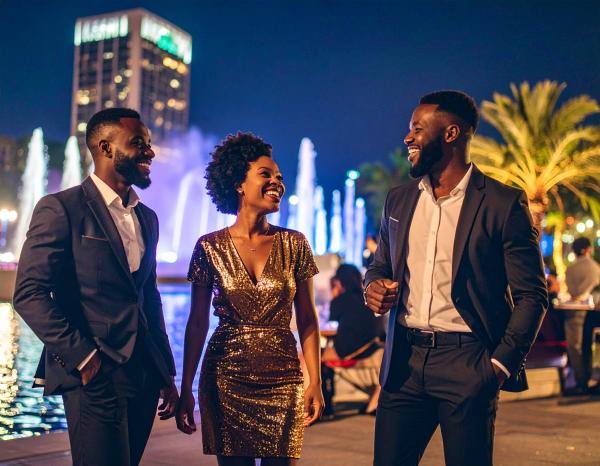 A woman in a glittering gold dress with two men in suits in Las Vegas at night A woman in a glittering gold dress with two men in suits in Las Vegas at night