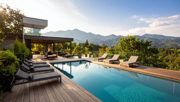 rooftop pool with forest mountains in the background rooftop pool with forest mountains in the background