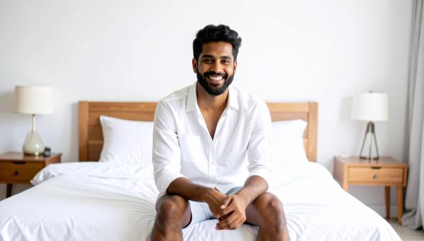 smiling man in a white shirt and boxers sitting on a bed