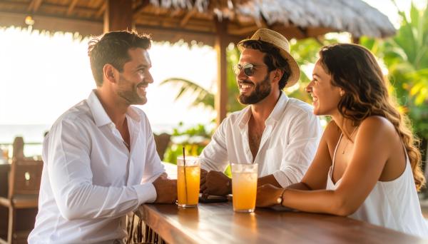 a man talking with a couple at a bar on a tropical vacation a man talking with a couple at a bar on a tropical vacation
