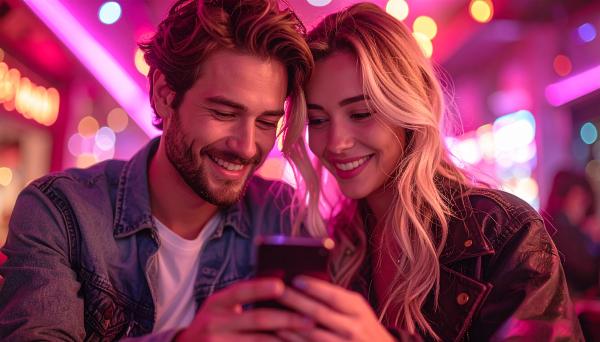 smiling couple at a night club looking at a smartphone 646991 smiling couple at a night club looking at a smartphone 646991
