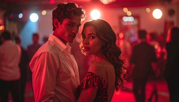 timid couple in front of a room of people at a club with a red background timid couple in front of a room of people at a club with a red background