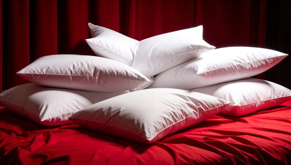 pile of white pillows on a bed with red sheets