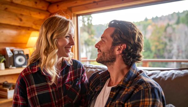 Happy couple wearing flannel shirts in a cozy cabin Happy couple wearing flannel shirts in a cozy cabin