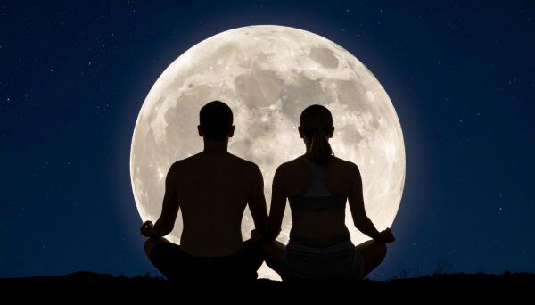 couple sitting with their legs crossed in meditation in front of the full moon couple sitting with their legs crossed in meditation in front of the full moon