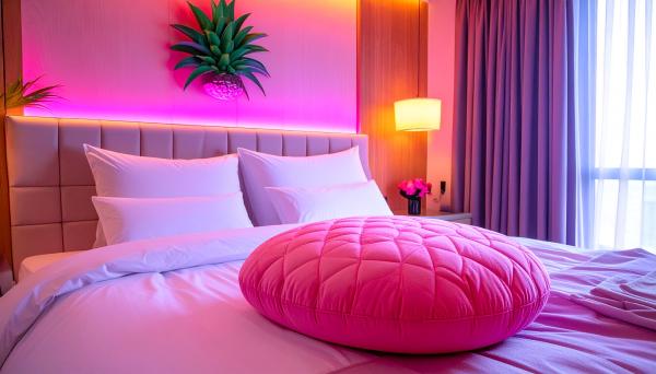 Swinger themed bedroom with a plush pink pineapple shaped pillow on the bed Swinger themed bedroom with a plush pink pineapple shaped pillow on the bed