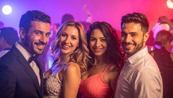 four adults dancing at a night club with purple and red lighting 700434 four adults dancing at a night club with purple and red lighting 700434