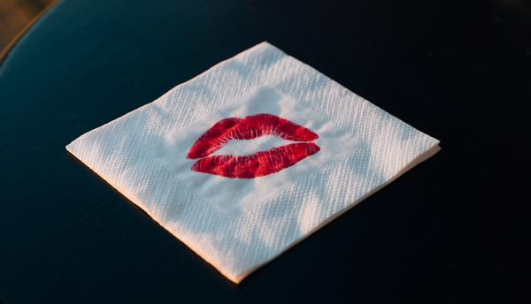 red lipstick print on a white napkin resting on a round black tabletop red lipstick print on a white napkin resting on a round black tabletop