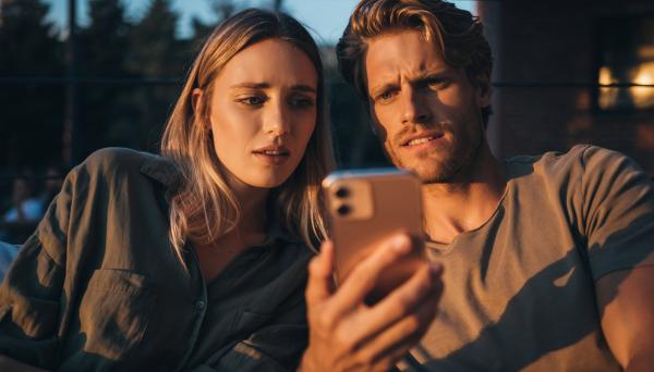 couple rolling their eyes while looking at a smartphone