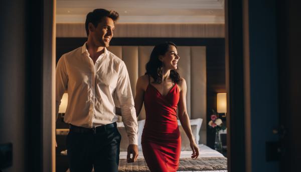 happy couple leaving a hotel room