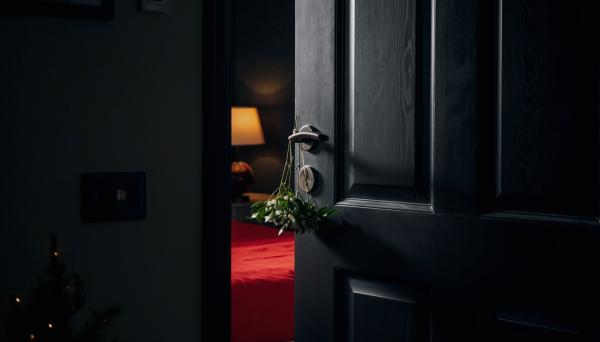 black door with mistletoe hanging from the knob and a red bed inside the room