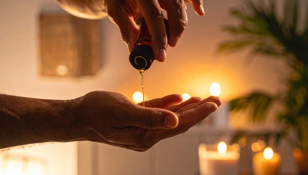 masculine hands squeezing massage oil into his palm in a dimly lit room