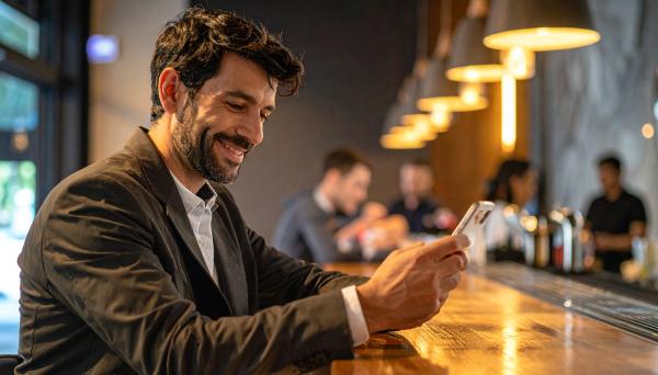 man at a hotel bar smiling and looking down at his smartphone