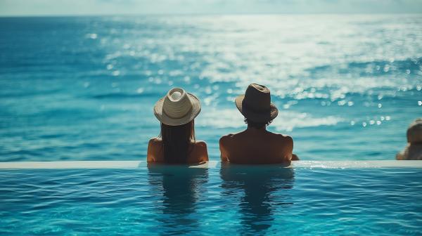 Couple wearing hats while sitting in an infinity pool overlooking the sea