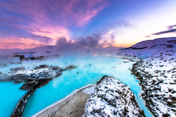 Colorful landscape and sunset near Blue lagoon hot spring spa in Iceland