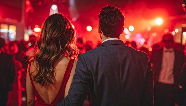 couple at a night club party with red lighting