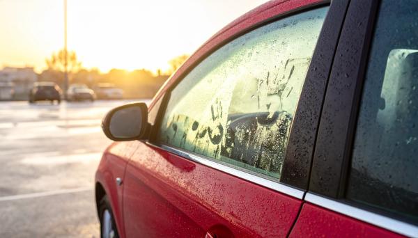 car in a parking lot with steamy windows and smeared handprints