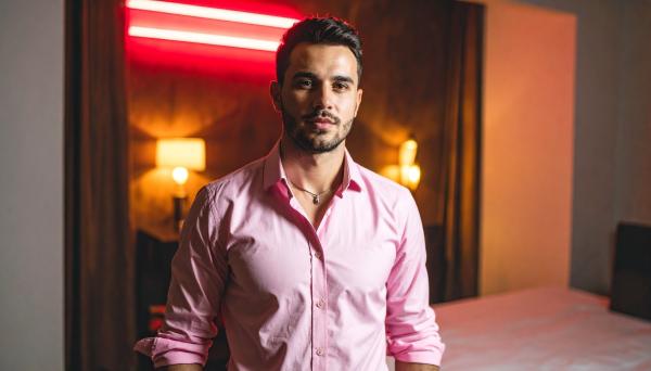 man in a pink button down shirt in a dimly lit room with neon accents