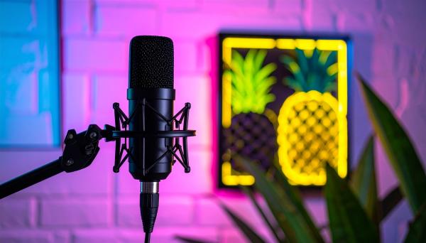 pineapple shaped neon light on the wall and a podcast microphone