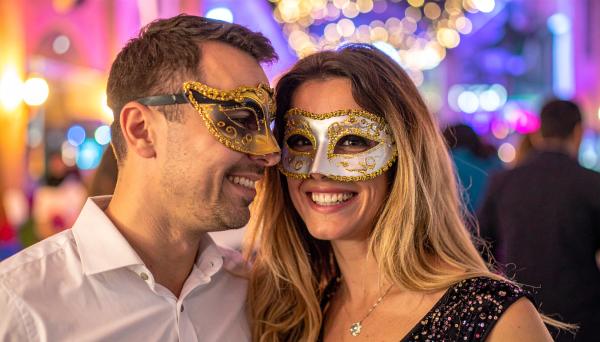 couple at a party wearing venetian masks