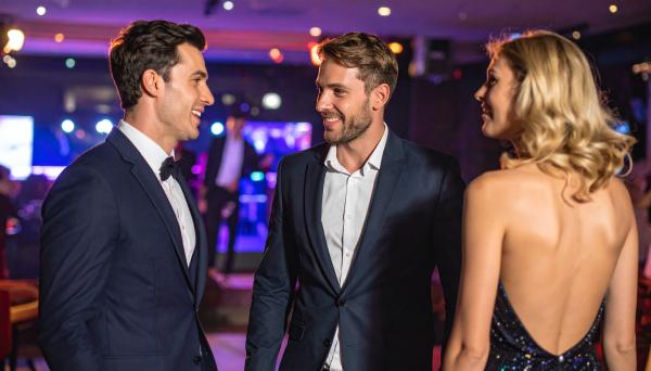 a man in a tuxedo talking with a couple in eveningwear