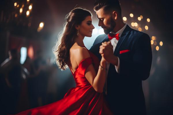 Elegant couple dancing club woman in red dress man wearing tuxedo