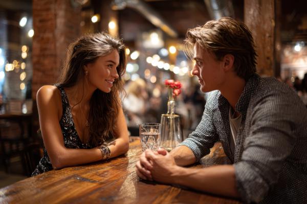 A man and woman sitting across from each other at a table talking and flirting
