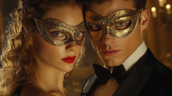 attractive couple wearing golden masks