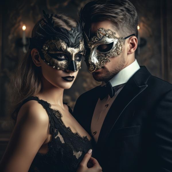 a man and woman dressed in black wearing elegant masks