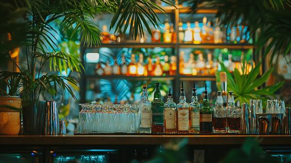 an outdoor bar surrounded by palm trees, displaying numerous spirits