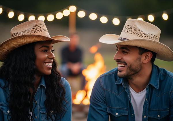 a couple smiling wearing cowboy hats in a club