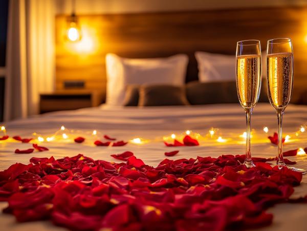 rose petals, a string of lights, and two champagne glasses on a bed