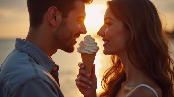 a man and woman looking happily at each other holding a vanilla ice cream cone between them