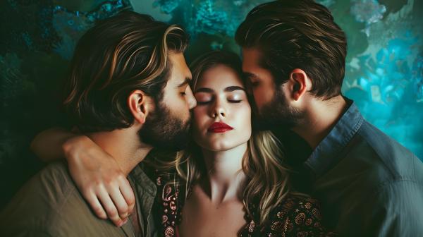 two men each kissing one side of a woman's face