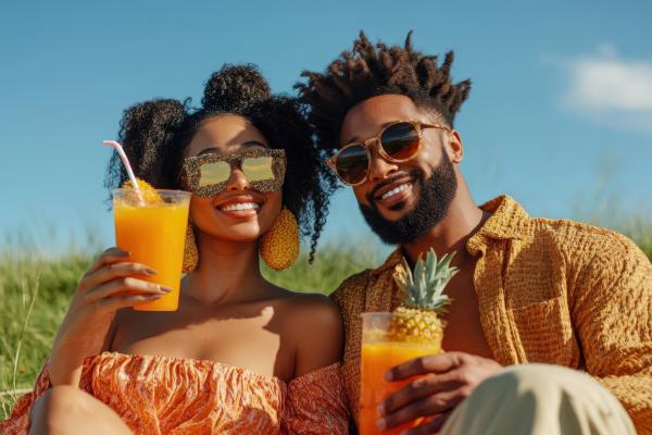 a happy couple wearing sunglasses holding tropical drinks 