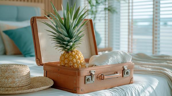 a suitcase lying on a bed open with a pineapple inside