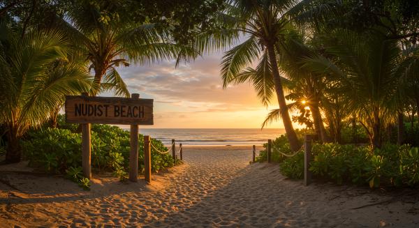 a beautiful beach with palm trees all around and a sign saying 