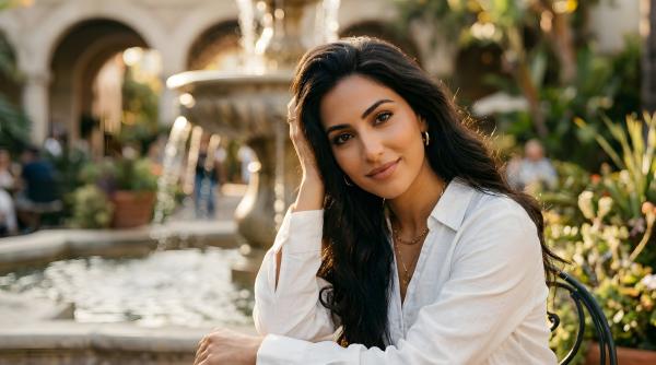 An brunette woman sitting outdoors with a public fountain in the background