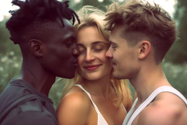two men about to kiss each side of a blonde woman's face