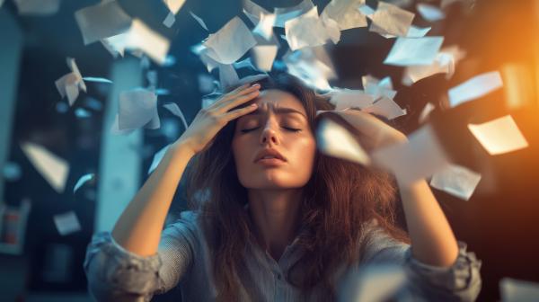 a woman with her eyes closed holding her head suffering from ADHD