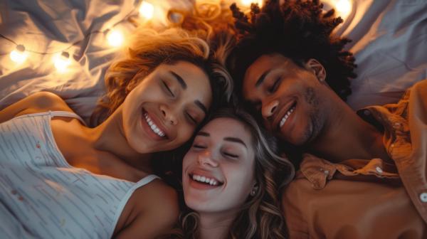 two women and a man lying on a bed smiling with their eyes closed