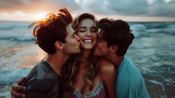 Two men kissing each side of a womans face on the beach