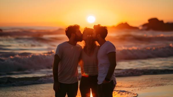 two men and a woman standing on a beach at sunset kissing